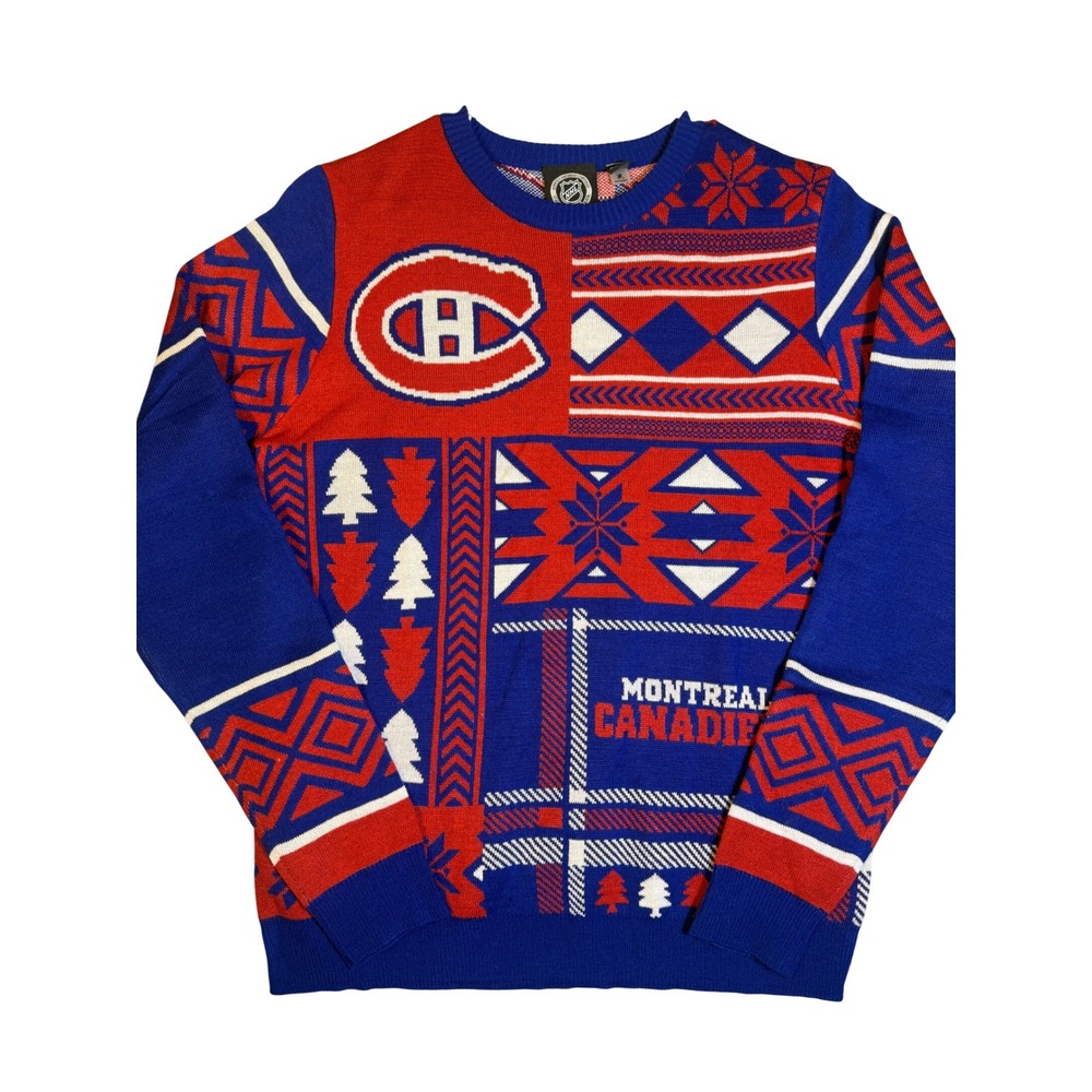NHL Montreal Canadiens Ugly Holiday Sweater Mens Medium Blue Red Patchwork Knit